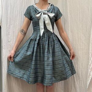 Blue Short Sleeve Midi Dress with Satin Ties Vintage 1950s Coquette